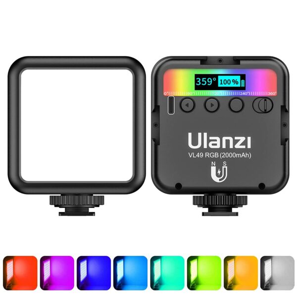 ULANZI VL49 RGB Video, LED Camera Light 360° Full Color Portable Photography Lighting with 3 Cold Shoe, 2000mAh Rechargeable CRI 95+ 2500-9000K Dimmable Panel Lamp Support, Black,